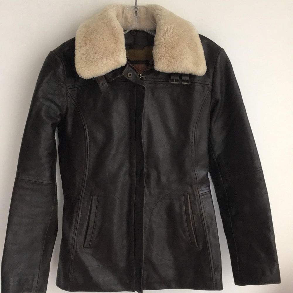 Moto Biker Aviator Leather Jacket Faux Fur Collar  Size Small